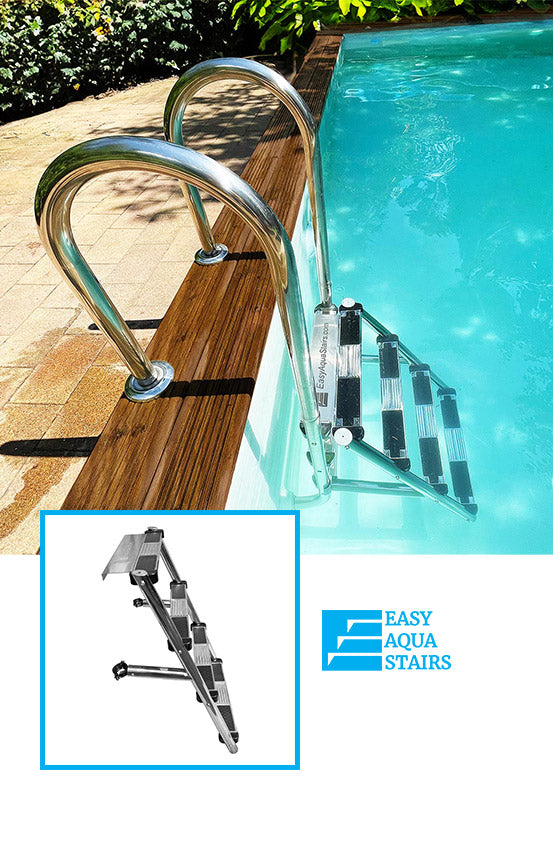 Pool steps for easy access to the pool. Our 'EASY AQUA STAIRS' pool steps are specially designed for safe and easy entry and exit.